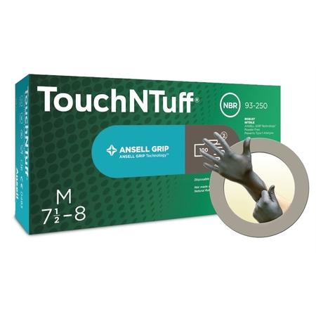 ANSELL TouchNTuff 93-250, Nitrile Disposable Gloves, 5.1 mil Palm, Nitrile, Powder-Free, M, 100 PK, Gray 93250080